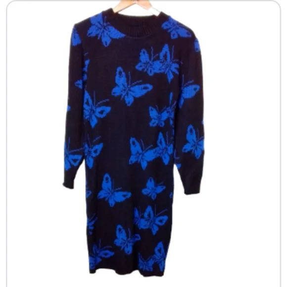 black dress with blue butterflies Juleha Mini Dress in Butterfly Watercolour Black